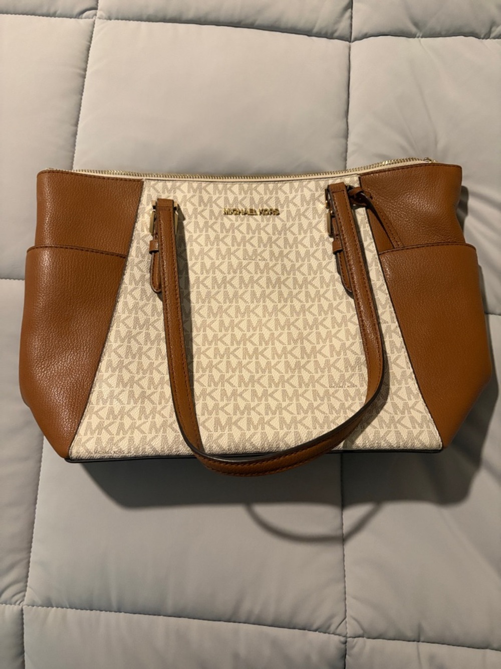 Michael Kors Cream Logo Canvas Tote with Tan Leather Trim